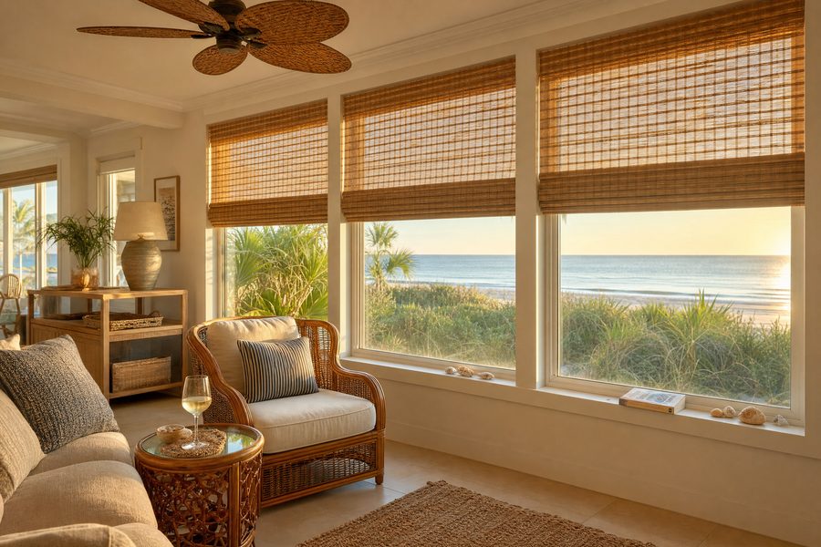 Woven wood shades at an Indian Rocks Beach Gulf-front home